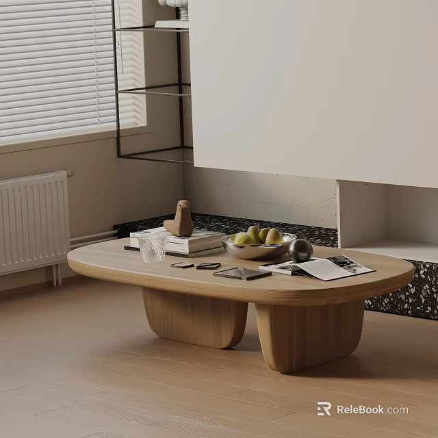 Modern Sofa and Wooden Coffee Table Set in Living Room with Fruits Books and Cups 3d model 