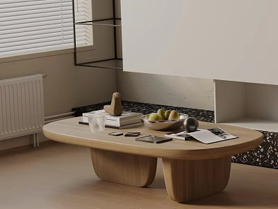 Modern Sofa and Wooden Coffee Table Set in Living Room with Fruits Books and Cups 3d model