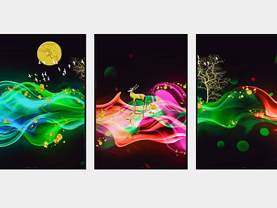 Colorful Light Wave Decorative Art With Full Moon Deer Tree And Flowers 3d model