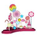 Colorful Candy Themed Window Display Decoration With Lollipops Star Shapes Lips Heart And Cupcake