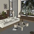 White Sofa with Cushions Coffee Table Set in Living Room with Floor Lamp and Plants