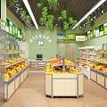 Bright Fruit Store Interior With Fresh Fruits Display Shelves And Green Plants
