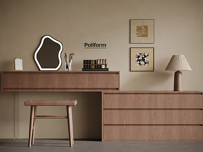 Wooden Dressing Table with Mirror Stool Artworks and Table Lamp in Modern Home 3d model