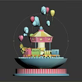 Pink Doll On Layered Carousel Structure With Colorful Clouds Balloons Track And Striped Base