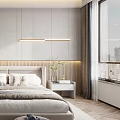 Modern Bedroom With Glass Door Wardrobe Vertical Striped Bedhead Wall Lighting Nightstand And Books