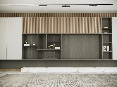 Modern TV Wall Cabinet With Wooden Slats Storage Compartments And Marble Base 3d model