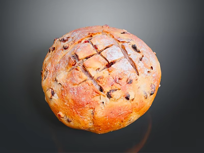 Fresh Round Raisin Bread with Cross Slits Golden Brown Surface and Dried Fruits Inside 3d model