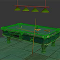 Billiard Table With Green Felt Surface Cue Stick Balls And Hanging Lights Sports Equipment