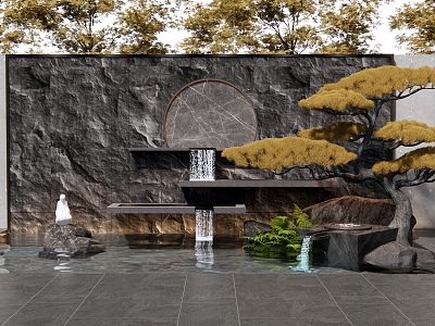 New Chinese style falling water scenery wall rockery waterscape overlapping water landscape water bowl stone pine tree model