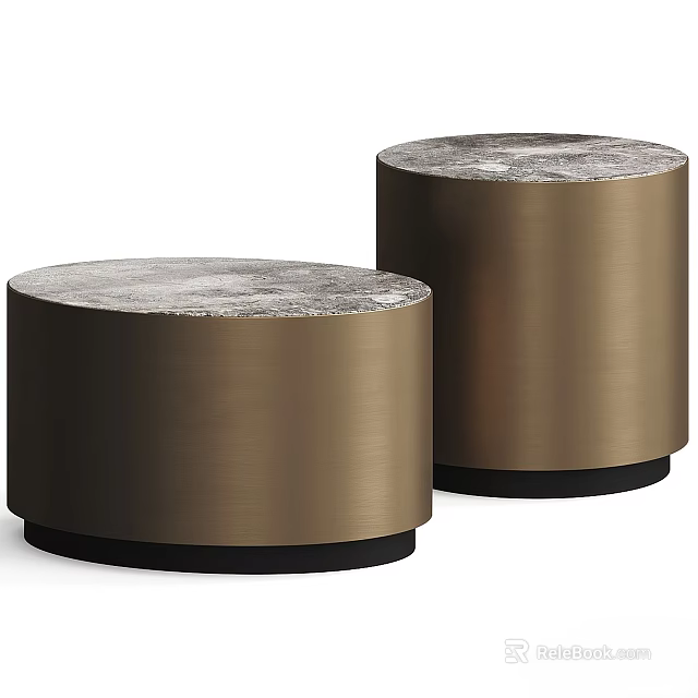 Modern Cylindrical Desks With Marble Top Brushed Brass Body And Black Base 3d model 