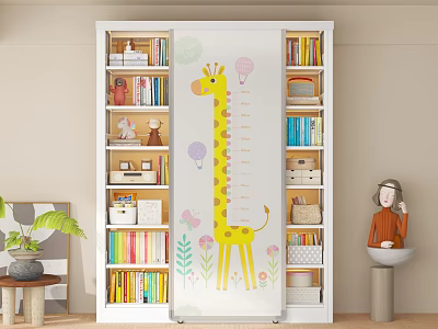 Kids Bookshelf with Giraffe Growth Chart Colorful Books and Storage Bins 3d model