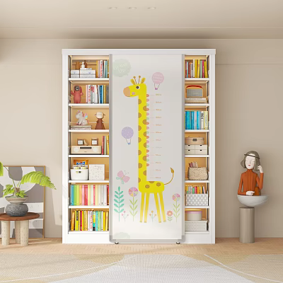 Kids Bookshelf with Giraffe Growth Chart Colorful Books and Storage Bins 3d model