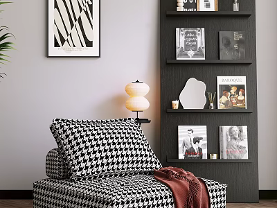 Black and White Houndstooth Lazy Sofa with Floor Lamp Bookshelf Books Decorations and Blanket 3d model