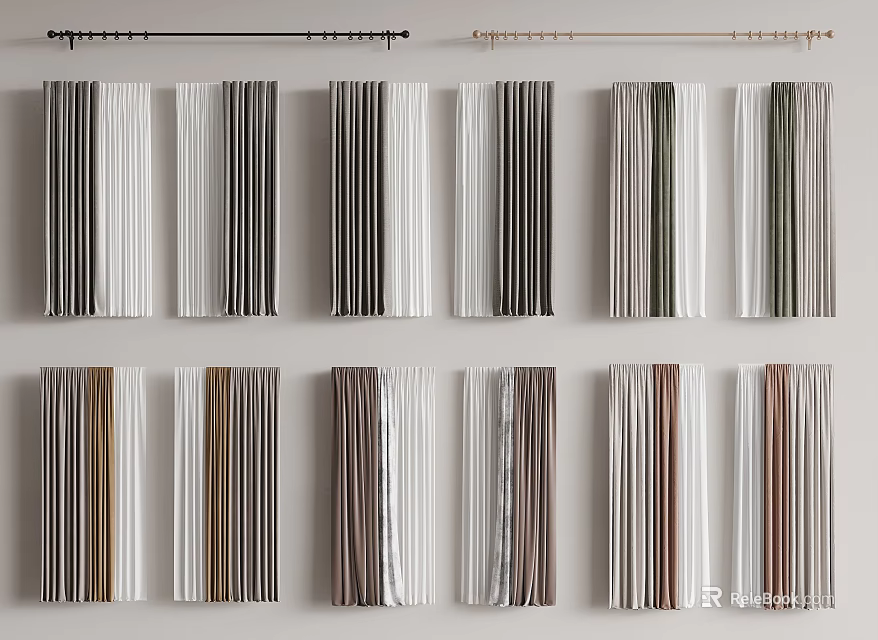 Various Colored Striped Curtains with White Gray Brown and Green for Home Decor 3d model 