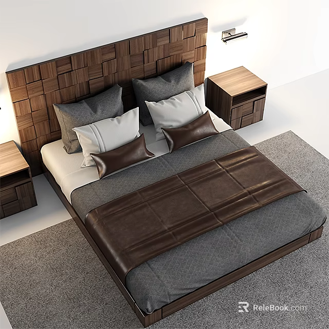 Modern Double Bed With Wooden Woven Headboard Gray White Pillows Brown Leather Accent Wooden Nightstands 3d model 