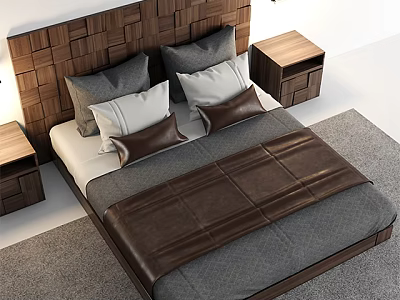 Modern Double Bed With Wooden Woven Headboard Gray White Pillows Brown Leather Accent Wooden Nightstands 3d model