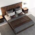 Modern Double Bed With Wooden Woven Headboard Gray White Pillows Brown Leather Accent Wooden Nightstands