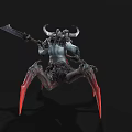 Game Movie Character Horned Warrior With Giant Decorated Spear Armored Body And Red Clawed Feet