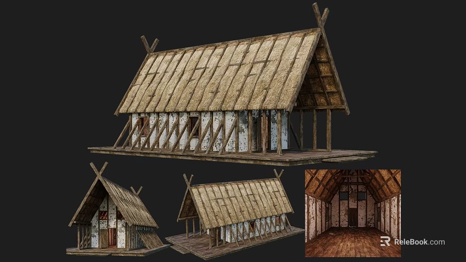 Ancient Building Featuring Thatch Roof Wooden Frame Traditional Design Interior Details Multiple Views 3d model 