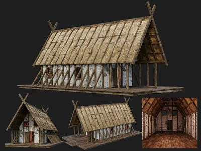 Ancient Building Featuring Thatch Roof Wooden Frame Traditional Design Interior Details Multiple Views 3d model