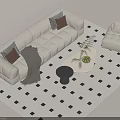Modern Beige Sofa Coffee Table Set With Geometric Rug Patterned Pillows And Green Plant 3d model