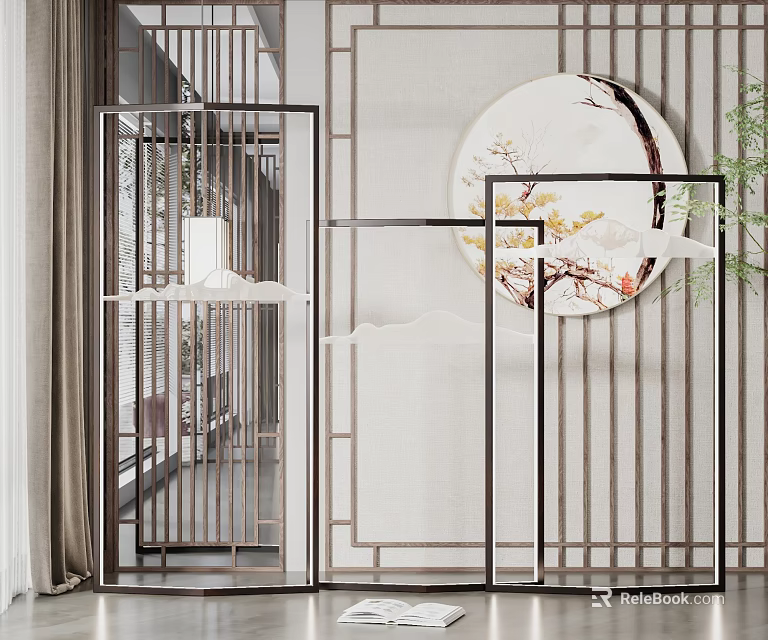 Traditional Chinese Floor Lamp in Room with Vertical Wooden Slat Screen and Round Decorative Painting 3d model 