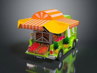 Mobile Fruit Cart With Orange And White Striped Awning Displaying Fresh Strawberries Pineapples And Fruits 3d model