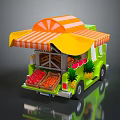 Mobile Fruit Cart With Orange And White Striped Awning Displaying Fresh Strawberries Pineapples And Fruits