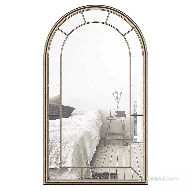 Elegant Arched Mirror Reflecting Bedroom Scene with Bed Pillows and Side Table Vase 3d model 