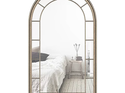 Elegant Arched Mirror Reflecting Bedroom Scene with Bed Pillows and Side Table Vase 3d model