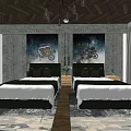 Hotel Guest Room With Twin Beds Decorative Wall Art Chandelier Large Windows And Desk
