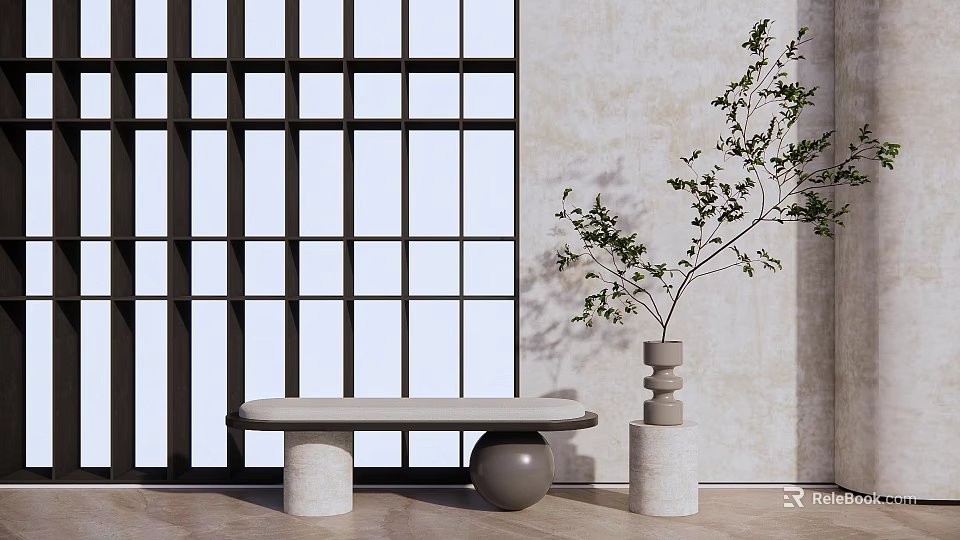 Minimalist Sofa Bench With Grid Window Light Colored Wall Plant Vase and Wooden Floor 3d model 