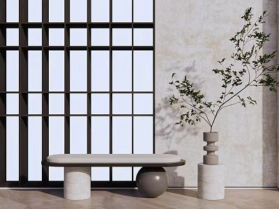 Minimalist Sofa Bench With Grid Window Light Colored Wall Plant Vase and Wooden Floor 3d model