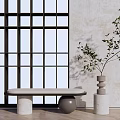 Minimalist Sofa Bench With Grid Window Light Colored Wall Plant Vase and Wooden Floor