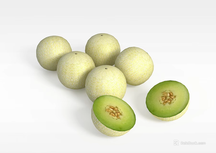 Fresh Ripe Cantaloupe Melons Whole and Sliced with Juicy Green Flesh on White Background 3d model 