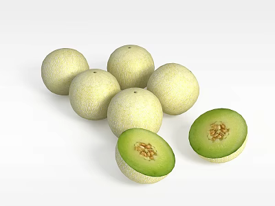 Fresh Ripe Cantaloupe Melons Whole and Sliced with Juicy Green Flesh on White Background 3d model