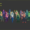 Group of Cartoon Characters in Various Professional Uniforms Standing Together Against Gray Reflective Floor