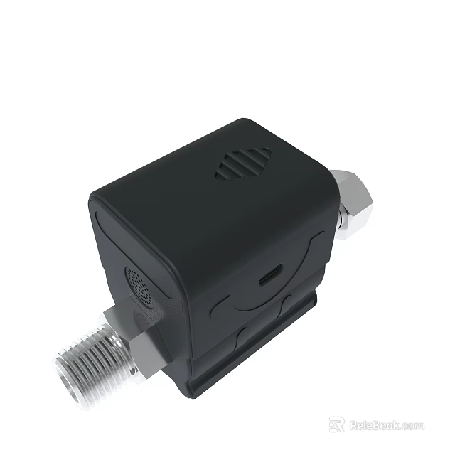 Black Industrial Mechanical Device With Metal Threaded Connector And Ventilation Slots 3d model