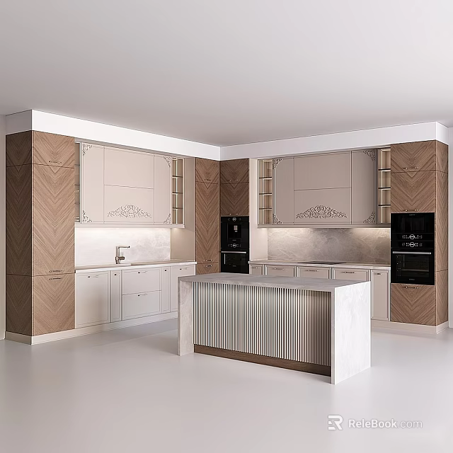 Modern Kitchen Interior With Beige Wood Grain Cabinets Island And Built In Appliances 3d model 