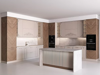 Modern Kitchen Interior With Beige Wood Grain Cabinets Island And Built In Appliances 3d model