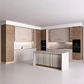 Modern Kitchen Interior With Beige Wood Grain Cabinets Island And Built In Appliances