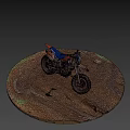 Muddy Blue And Orange Motorcycle With Mountain Background And Sky