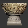 Antique Carved Stone Urn With Elaborate Relief Sculptures And Square Base