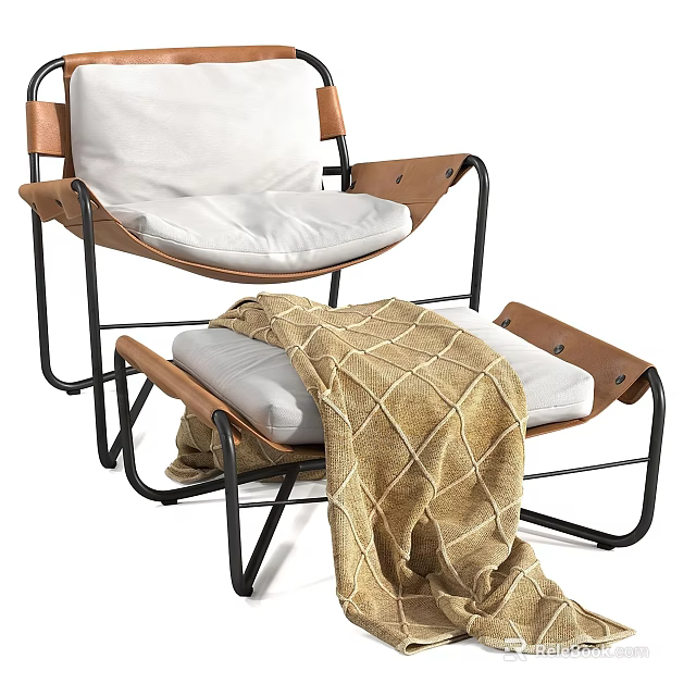 Modern Leisure Chair with Ottoman White Cushion Black Metal Frame and Brown Leather Throw Blanket 3d model 