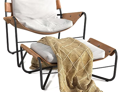 Modern Leisure Chair with Ottoman White Cushion Black Metal Frame and Brown Leather Throw Blanket 3d model