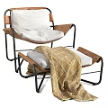 Modern Leisure Chair with Ottoman White Cushion Black Metal Frame and Brown Leather Throw Blanket