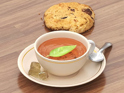 Cup of Tomato Soup with Basil Leaf and Scone on Wooden Table 3d model