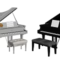 Elegant White And Black Grand Pianos With Matching Stools And Music Sheets
