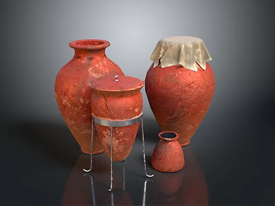 Decorative Red Pottery Jars With Lid Various Sizes And Metal Stand 3d model