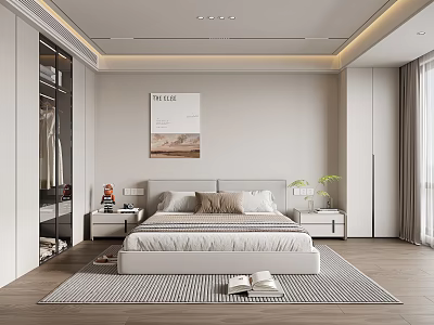 Modern Bedroom Interior Design With Bed Nightstand Wardrobe And Area Rug 3d model